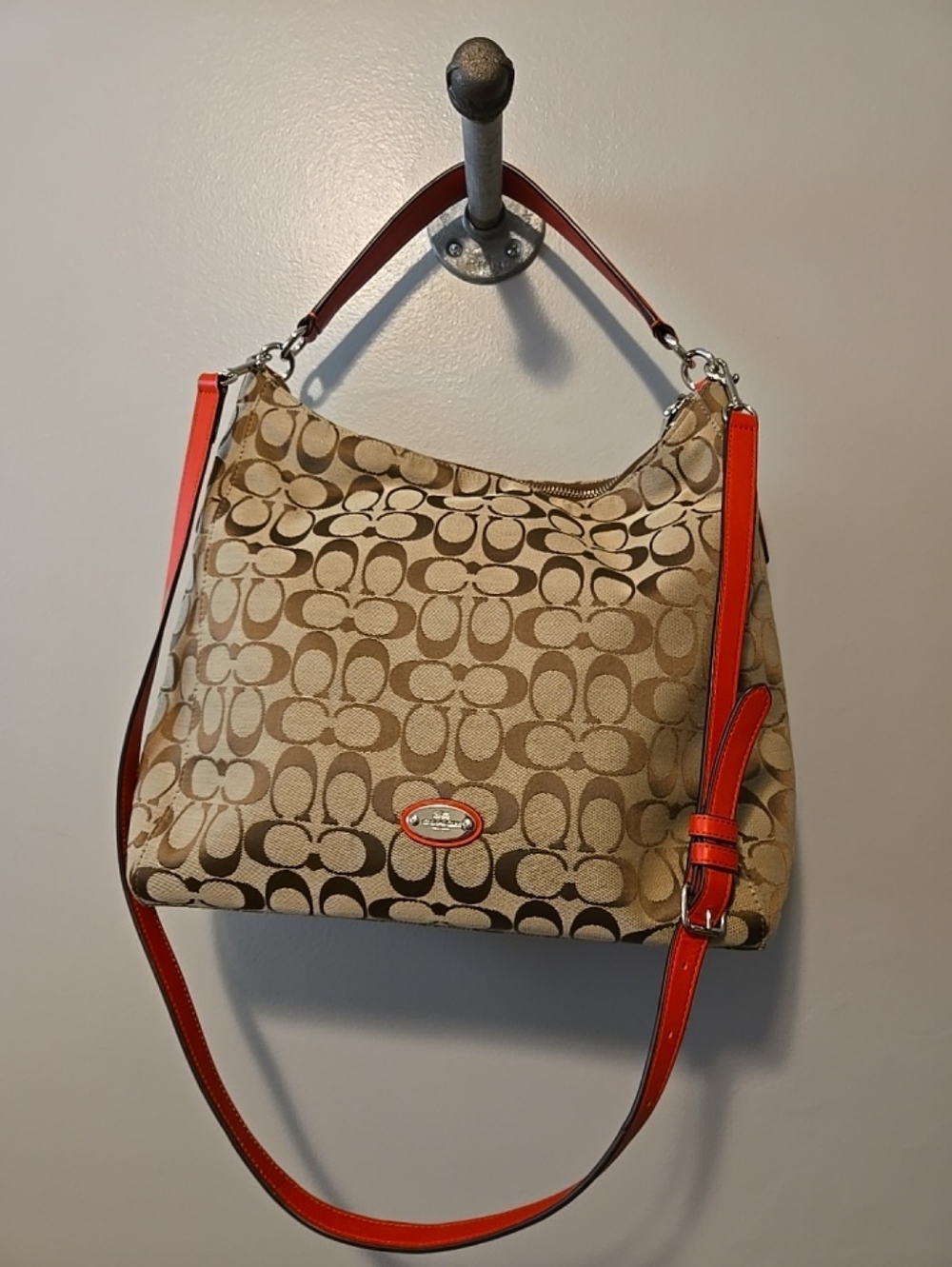 Coach Signature Canvas Hobo Bag in Beige  Dark Brown C with RED Trim/Strap